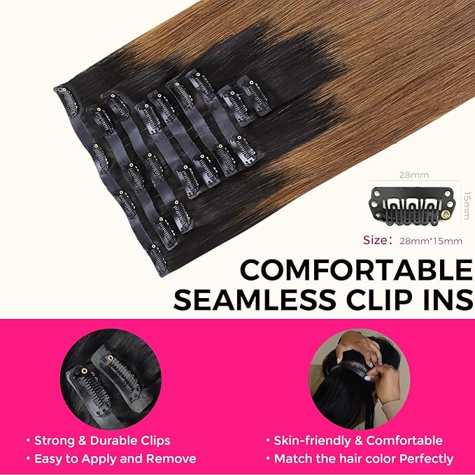 Lashey Seamless Clip in Hair Extensions Human Hair 150g 9pcs 20 Inch Ombre Natural Black to Medium Auburn Straight Clip in Hair Extensions for Women Real Hair