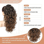 Flufymooz 100％ Pure Protein Ponytail Extension, 18 Inch Curly Claw Clip Ponytail Hair Extensions Natural Soft pony tail hairpiece for women-Dark Almond Brown with Copper
