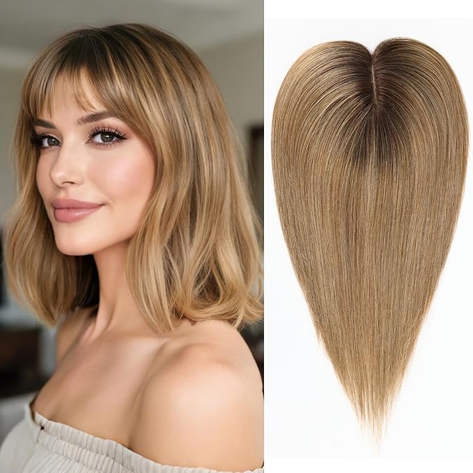 HAIRCUBE Hair Toppers For Women With Thinning 5"*5" Large Base Real Hair Toppers For Women, 14 Inch For Hand-Woven, 60g, Silk, Natural, realistic, Use Daily, Hairloss, Ombre Light Brown, with bangs