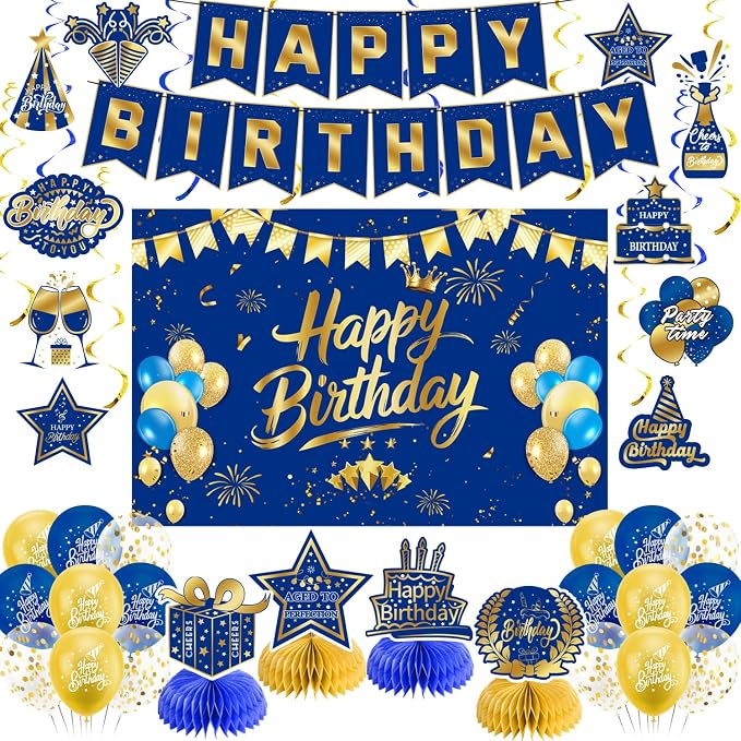Blue Gold Birthday Decorations for Men Women | Pre-Strung Happy Birthday Banner by Unknown