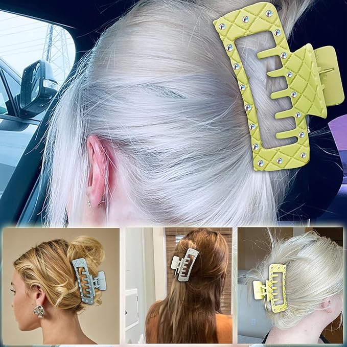 Bling bling Rhinestones Square Hair Clips Double Row Teeth,2 Rows Teeth Rectangle Hair Claw Clips with Shiny Rhinestones,Women Girls Sparkly Thick Hair Accessories Set (cream beige grey)