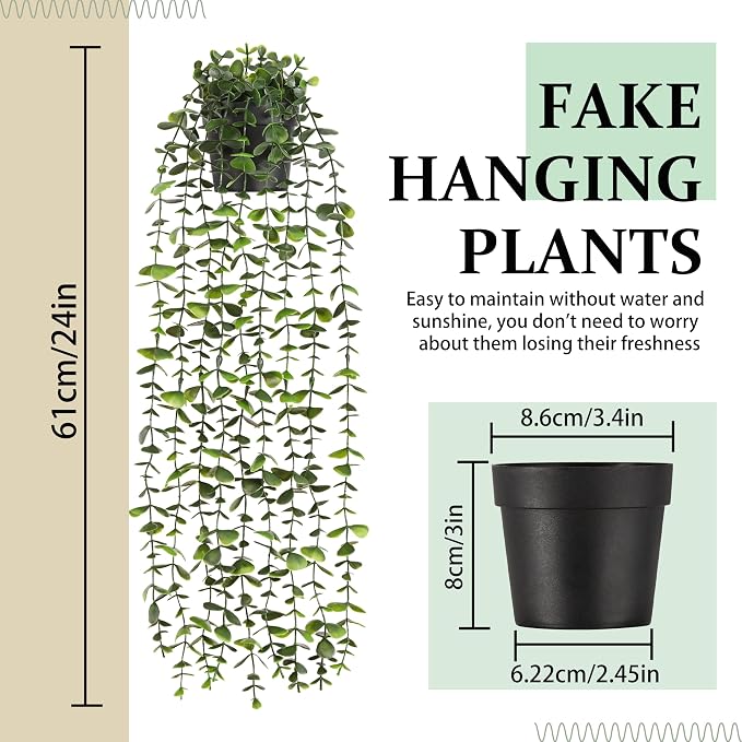2Pcs Fake Hanging Plants with Pot, Potted Faux Eucalyptus | Fake Vines Ivy - Image 2