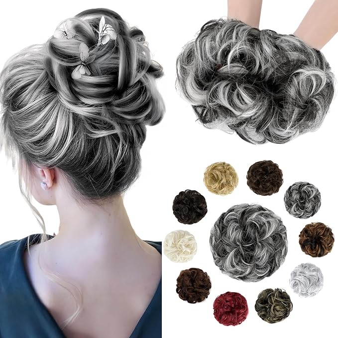 Messy Bun Hair Piece Wavy Curly Scrunchies Fluffy Donut Thick Updo Elegant Chignon Hairpieces for Women Girls, Natural Black Mix Silver Grey 1.4oz