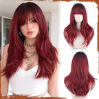 SOFEIYAN Red Wig with Bang 24 Inch Long Straight Ombre Layered Wig Synthetic Natural Hair Bordeaux red Wig Soft Heat Resistant Long Wigs for Women Daily Party Use