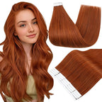 Full Shine Tape in Hair Extensions Human Hair Color 550 Copper 10 Inch Invisible Double Sided Tape Ins Human Hair Extensions 30Grams Straight Remy Seamless Skin Weft Extensions 20PCS for Party