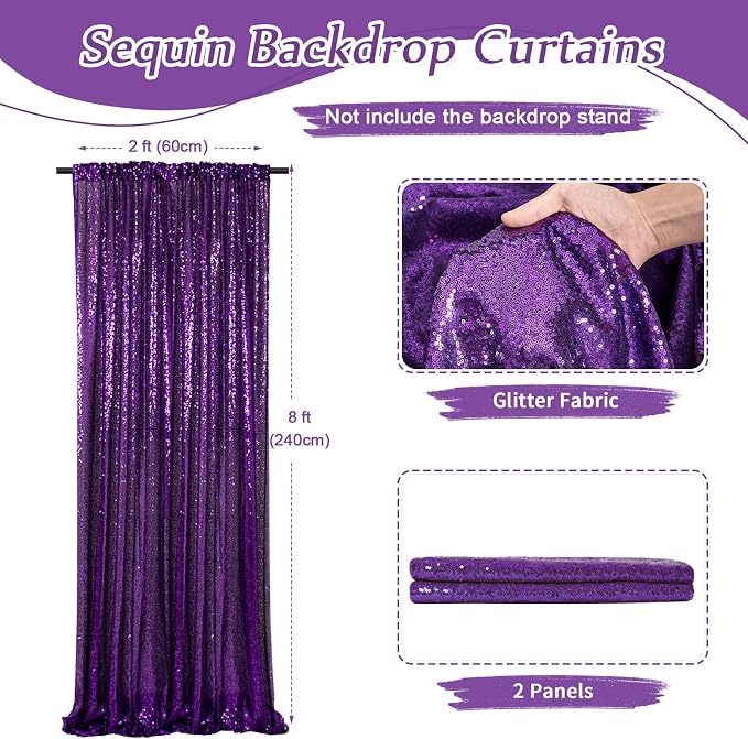 Purple Sequin Backdrop 2 Pieces 2ftx8ft Wedding Glitter Curtain Backdrop Arch - Image 2