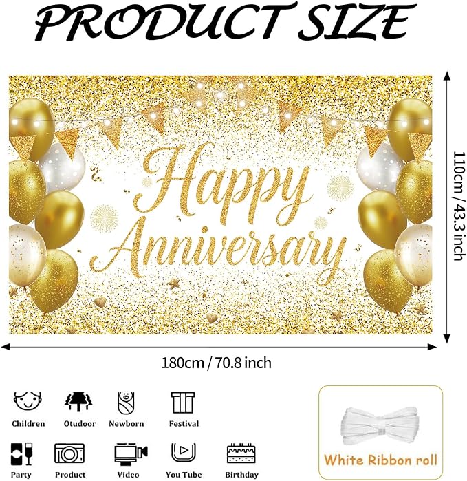 White Gold Happy Anniversary Banner Large Backdrop Decorations, Church or Work - Image 2