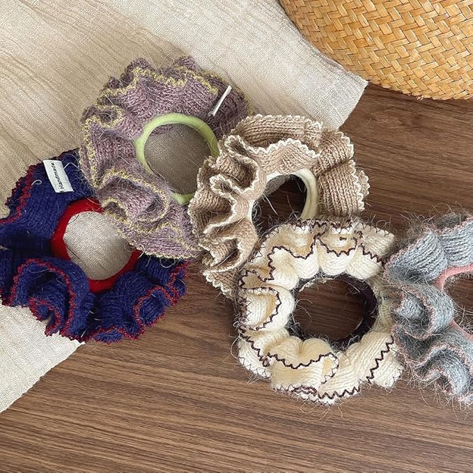 2 Pcs Soft Fabric Scrunchies for Hair,3.9 inch Medium Elastic Hair Ties Ropes Crochet Knit Silky Scrunchie for Women-Red