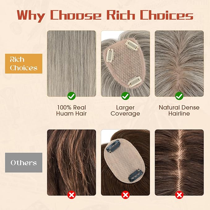 Rich Choices Human Hair Toppers for Women-100% Real Remy Hair Topper No Bang-Upgraded 150% Density 9 * 12CM Lace Base-Clip in Hairs Topper for Thinning Hairs-10Inch #G3 Salt and Pepper Grey