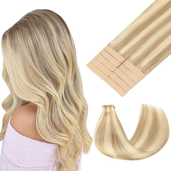 GOO GOO Tape in Hair Extensions Human Hair, 18A/613A Dark Blonde Highlighted Bleach Blonde, 20inch 30g 10pcs, Skin Weft Seamless Invisible, Silky Straight with Thick Ends, Remy Human Hair