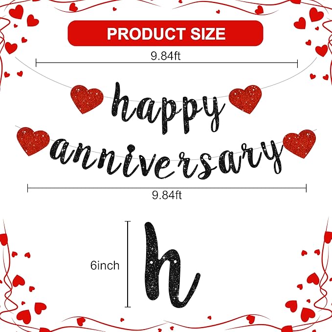 BEISHIDA Glitter Pre-Strung Black Red Happy Anniversary Banner Decoration | NO - Image 3