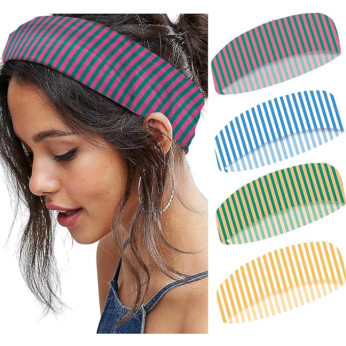 4pcs Striped Headbands for Women Wide Head Bands for Women's Hair Non Slip Wraps Elastic Stretchy Fashion Bandanas Workout Yoga Cute Hair Bands for Women's Hair Accessories
