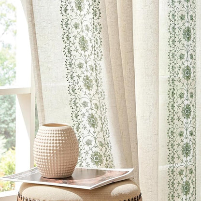 jinchan Floral Linen Curtains Embroidered Back Tab 50x90in 2 Panels Sage | by JINCHAN