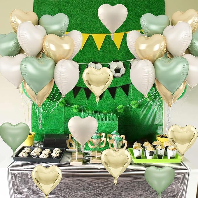 Sage Green Gold Heart Balloons, 18Inch Green Cream White Heart Helium Foil - Image 6