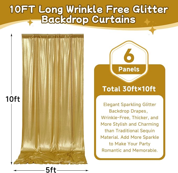 leegleri 30x10ft Thick Gold Glitter Backdrop Curtain Panels - Image 6