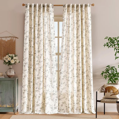 Extra Long Grey Vintage Floral Linen Curtains Farmhouse 2 Panels | Elisa Series - Image 2