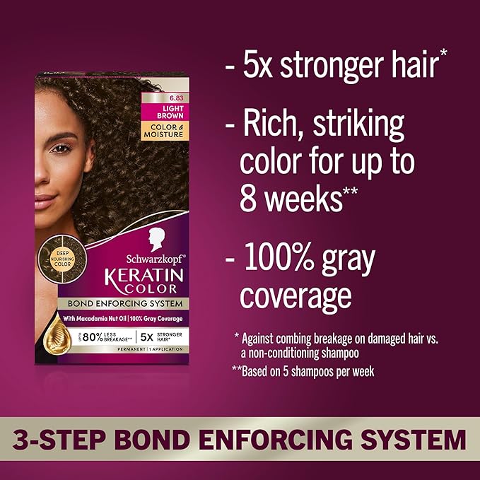 Schwarzkopf Keratin Permanent Hair Dye Cream, 6.83 Light Brown, Professional Quality Color for Up to 100% Gray Coverage, Bond Enforcing System