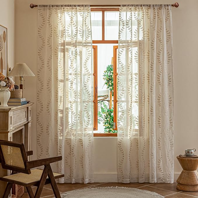 2 Panels Linen Leaf String Floral Embroidered Semi Sheer Curtain Farmhouse - Image 2