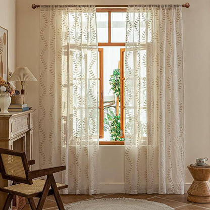 2 Panels Linen Leaf String Floral Embroidered Semi Sheer Curtain Farmhouse - Image 2