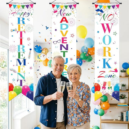 3Pcs Retirement Porch Sign Door Hanging Banner Colorful White Happy Retirement - Image 5
