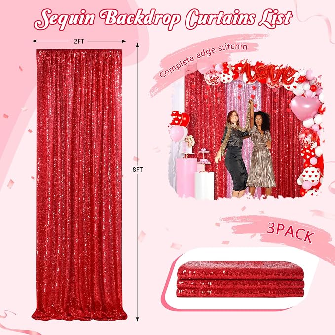 Red Curtains Birthday Sequin Backdrop, 3 Pack 2ft x 8ft Party Background | - Image 2