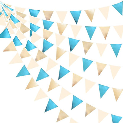 Champagne Gold Sky Blue Beige Decorations Metallic Fabric Triangle Pennant by pinkblume