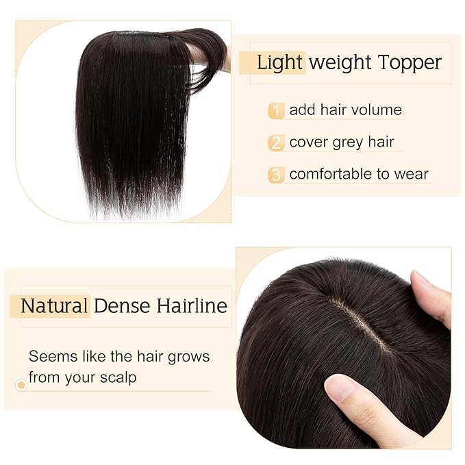 SEGO Hair Toppers for Women Real Human Hair With Bangs, 7 * 13CM Silk Base 100% Remy Human Hair Clip in Top Wiglet Hairpieces Add Volume -18 Inch Natural Black