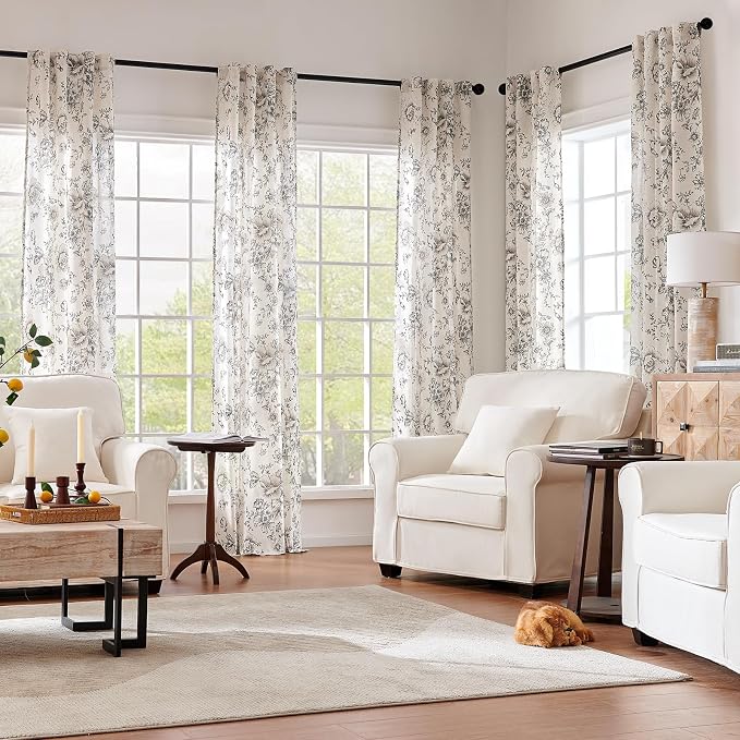 jinchan Black Floral Linen Curtains 96 Inch Farmhouse Back Tab 2 Panels | Light - Image 2