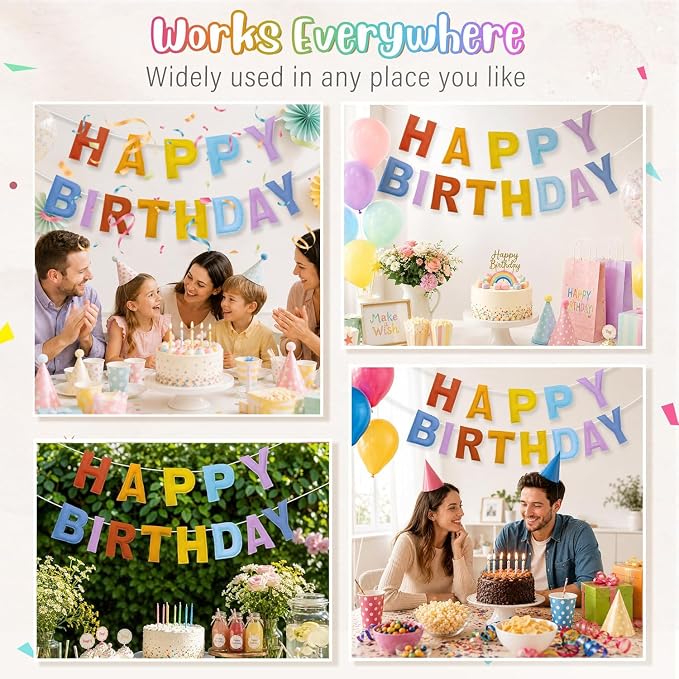 Felt Happy Birthday Banner, Pre-Strung 3D Birthday Rainbow Garland | Reusable - Image 6