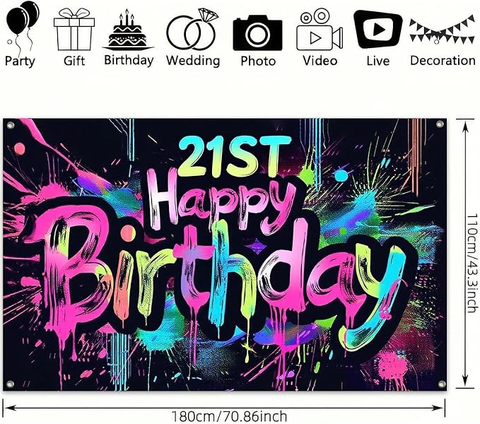 HOMETITUTE Neon 21st Happy Birthday Banner 71x43 Inch Paint Splatter Glow in - Image 3