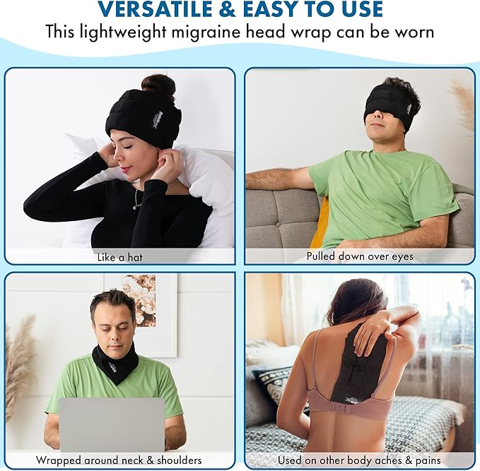 Headache Hat Halo - Migraine Relief Cap Long Lasting Cooling Ice Pack Mask - Cold Compress Head Wrap for Tension, Stress & Hangover Natural Cooling Therapy