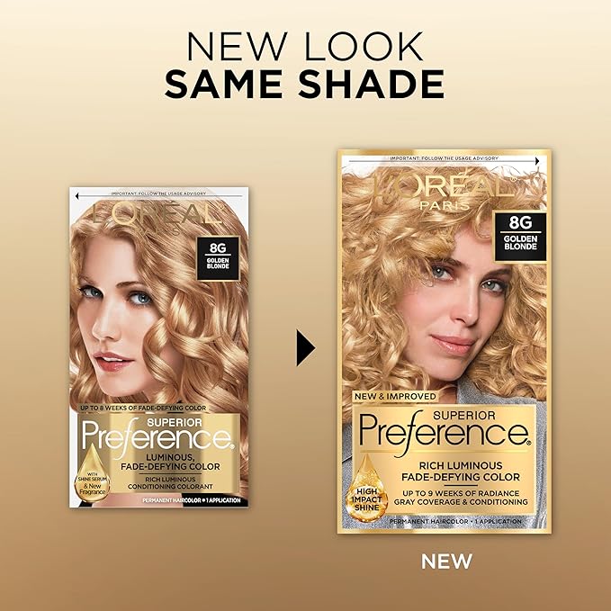 L'Oreal Paris Superior Preference Luminous Fade-Defying Permanent Hair Color, Hair Dye For Up to 9 Weeks of Radiance, Golden Blonde 8G, 1 Hair Dye Kit