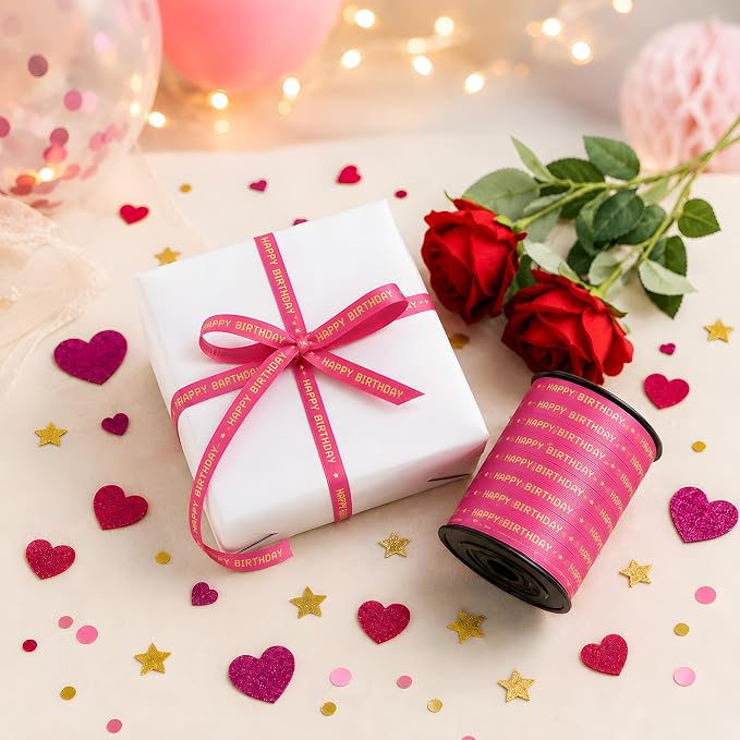 BEISHIDA 250 Yards Hot Pink Happy Birthday Printed Crimped Curling Ribbon - Image 4