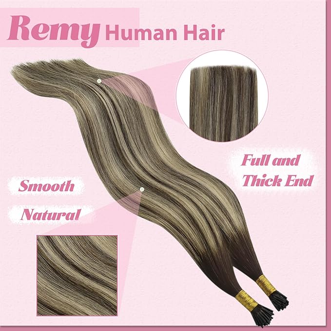YoungSee I Tips Hair Extensions Real Human Hair Balayage Itip Hair Extensions Human Hair Brown Ombre Dark Brown with Ash Blonde I Tip Extension 20In I-Tip Human Hair Extension 50g 50s