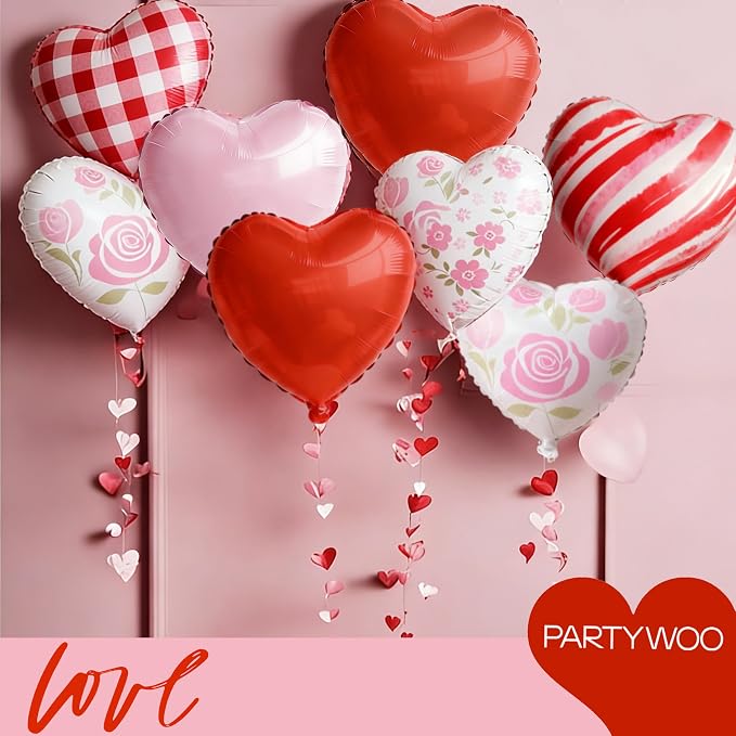 PartyWoo Pink White Red White Red Heart Foil Balloons 15pcs 18 Inch | Balloons - Image 4