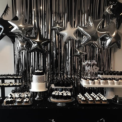 PartyWoo Black Foil Fringe Streamers 8.2FT 3pcs Tinsel Backdrop Curtain | Black - Image 3