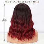 Nnzes Ombre Red Wig with Bangs for Women Bob Wavy Synthetic Wigs with Natural Shoulder Length Curly Heat Resistant Hair for Daily Party Use