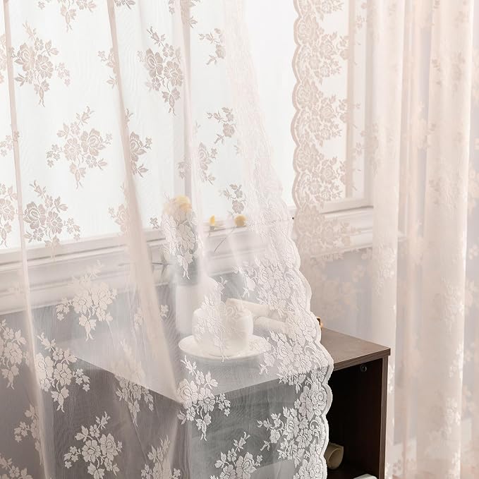 Kotile Short Blush Pink Lace Curtains Rustic Floral W42 x L54 Inch 2 Panels | - Image 6