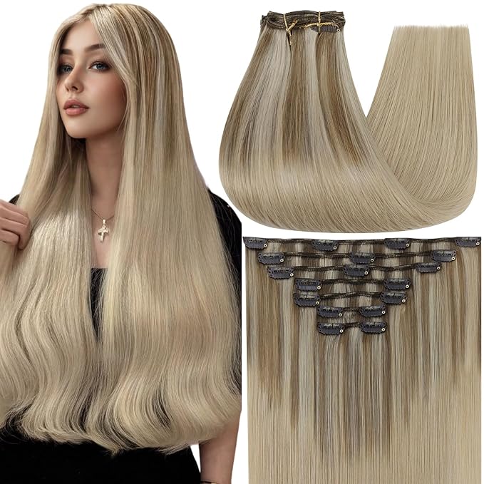Full Shine Clip in Extensions for Women 16 Inch Teddy Bear Blonde Balayage Seamless Clip in Hair Extensions Human Hair Blonde 120 G 7 Pcs
