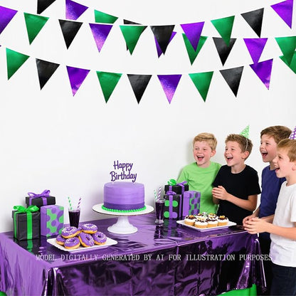 Black Purple Green Party Decorations Metallic Fabric Triangle Pennant Banner - Image 4
