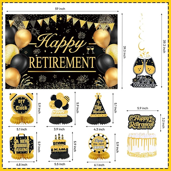 Retirement Party Decorations for Men Women Black Gold Happy Retirement Banner - Image 3