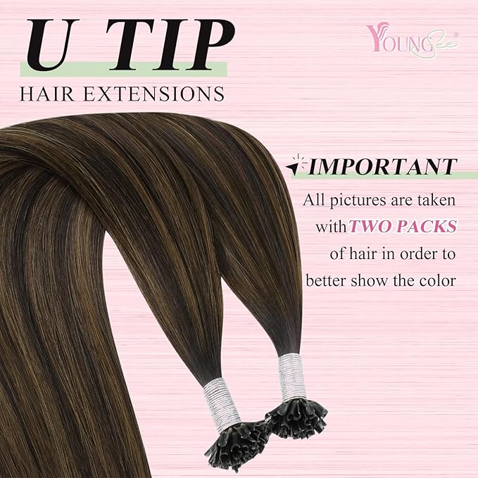 YoungSee U Tip Hair Extensions Human Hair Balayage K Tip Hair Extensions Real Human Hair Balayage Dark Brown with Brown Utip Hair Extension Ombre for Daily Confidence Boost 20In 50s/50G