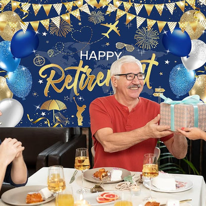 Mocsicka Happy Retirement Party Decorations Backdrop Banner 6x3.6ft | Blue Gold - Image 6