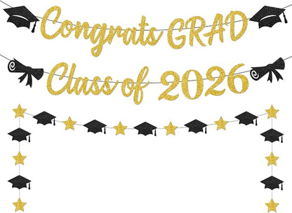 Black and Gold Graduation Banner 2026, Glitter Black and Gold Congrats Grad by Unknown