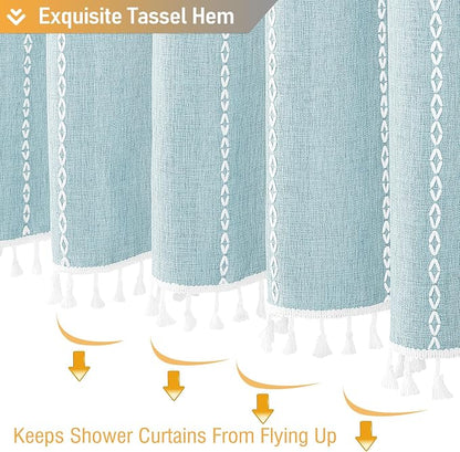 Fog Blue Boho Farmhouse Linen Heavy Duty Cloth Shower Curtain, 72x72 | 330GSM - Image 6