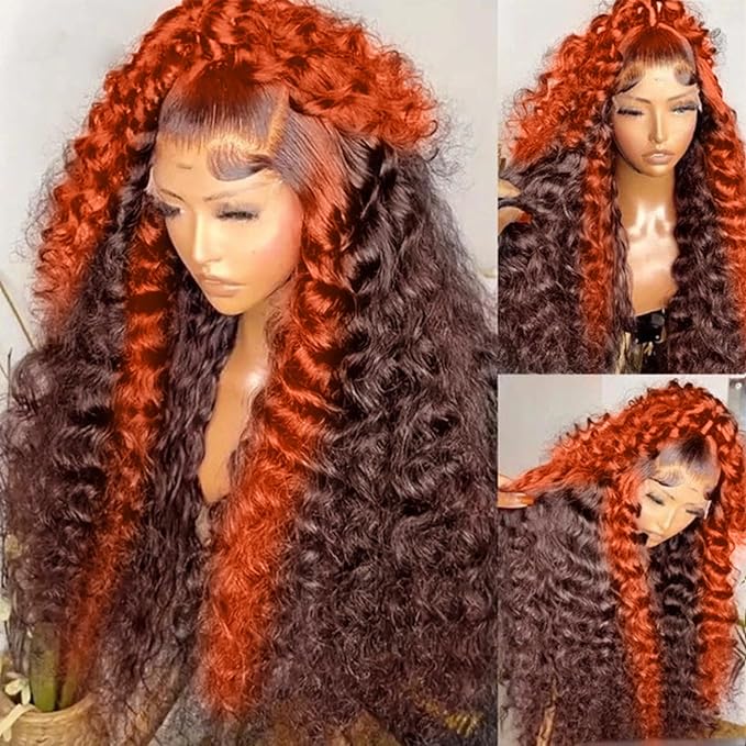 250 density 34 Inch Deep Wave Lace Front Wigs Human Hair Pre Plucked Hairline Glueless Wigs for Women 13x6 HD Lace Front Wigs Ginger Orange Curly Human Hair Wig Brazilian Hair