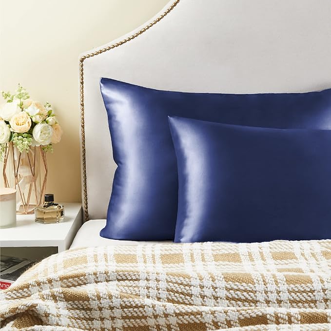 BEDELITE Satin Pillowcase for Hair and Skin, Super Soft and Cooling Similar to Silk Pillow Cases 2 Pack with Envelope Closure, Gift for Women Men(20"x26" Standard Size, Navy)