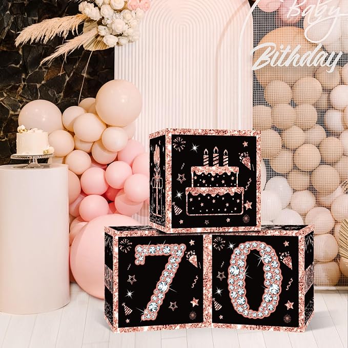 Eiurteao 3pcs Rose Gold 70th Birthday Decorations Boxes - Image 3