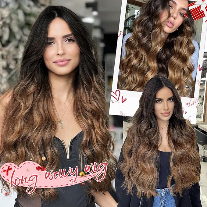 Ombre Brown Wig for Women Long Wavy 4x1 Lace Natural Hairline Glueless for Beginners Middle Part Synthetic for Daily Party Use 30Inch