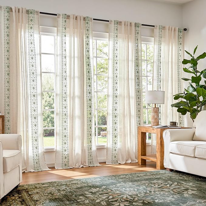 jinchan Floral Linen Curtains Embroidered Back Tab 50x84in 2 Panels Sage | - Image 2